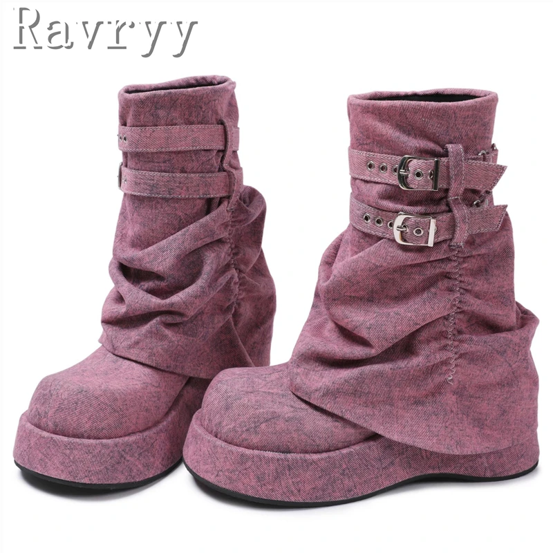 

Thick Soled Wedges Denim Women Ankle Boots Round Toe Belt Buckle Sweet and Cool Spicy Girl Height Increasing Knight Boots