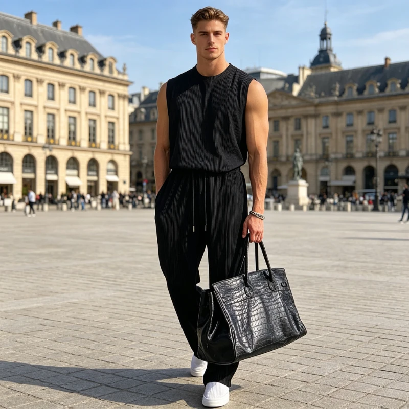 

2026 New Summer Clothing Men's Casual Tank Tops Set Luxury Korean Streetwear O Neck Solid Drape Vest+Trousers 2 Piece Suit