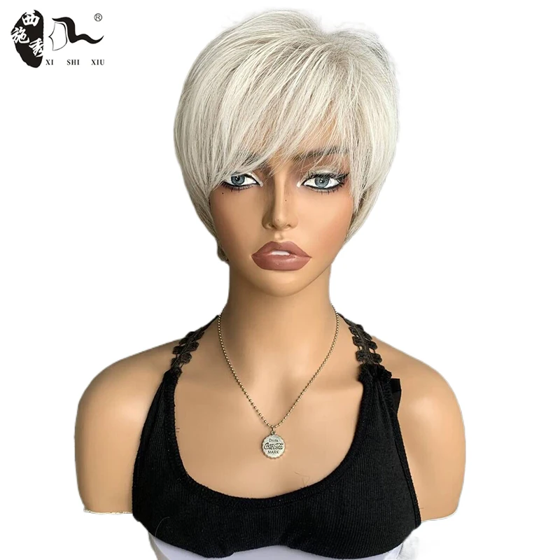 Short Mixed White Straight Hair Wigs For Women Pixie Cut Layered Wig With Bangs Synthetic Hair Wigs Cosplay Halloween Daily Wigs