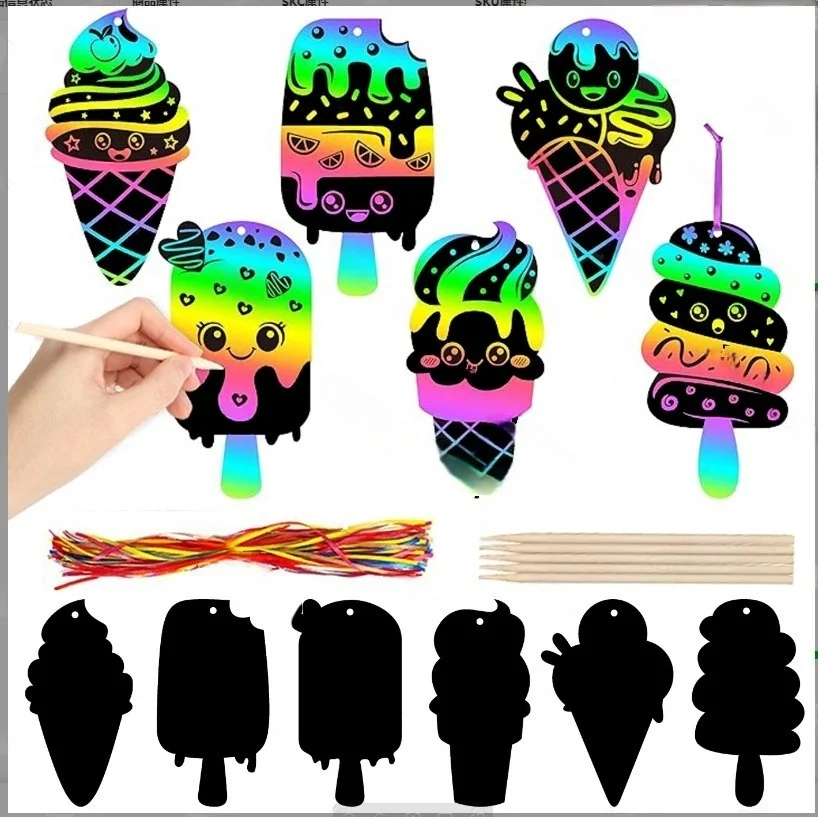 Bview Art 6pcs Shaped Ice Cream Scratch Paper Kit - Colorful DIY Drawing Art Craft for Kids Creativity Development