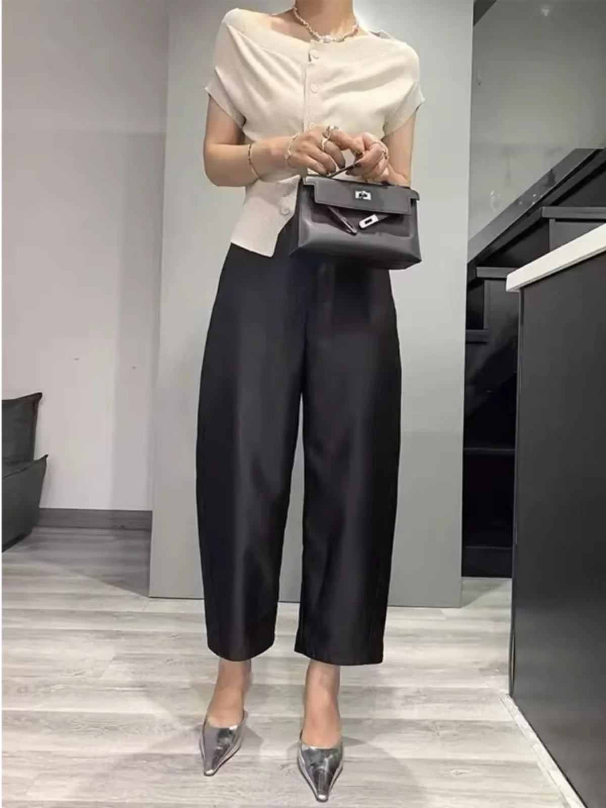 Summer 2024 Retro Style plus Size Women's Woolen Silk Straight Leg Pants Casual Loose Wide Leg Trousers Versatile Casual Pants