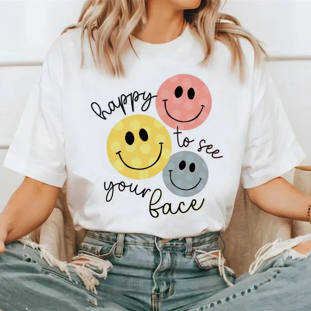 Happy To See Your Face Teacher Life Printed T-Shirt Fashion Cute Women\'s Summer Short Sleeved Casual Style Top Summer T-Shirt