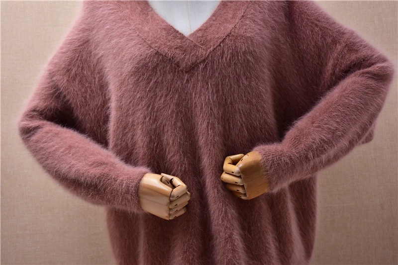 Ladies Women Fall Winter Clothing Hairy Plush Mink Cashmere Knitted V-Neck Long Sleeves Loose Pullover Sweater Jumper Pull Tops