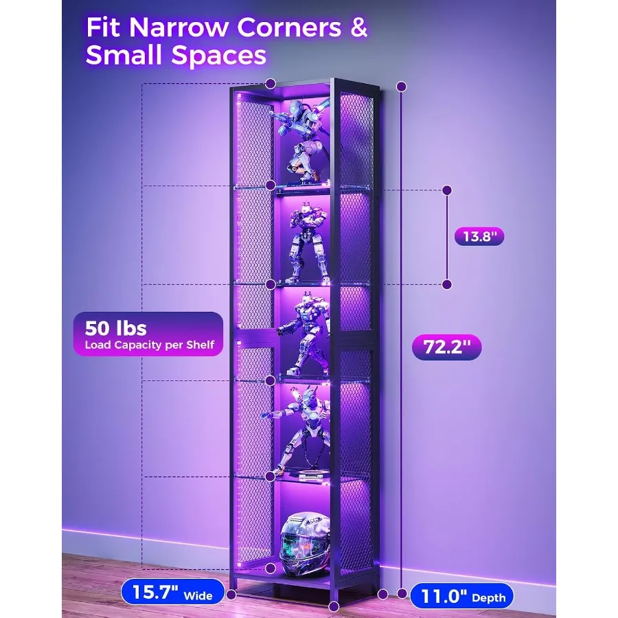 72" Tall Display Case with LED Lights, Display Cabinet for Small Space view 3