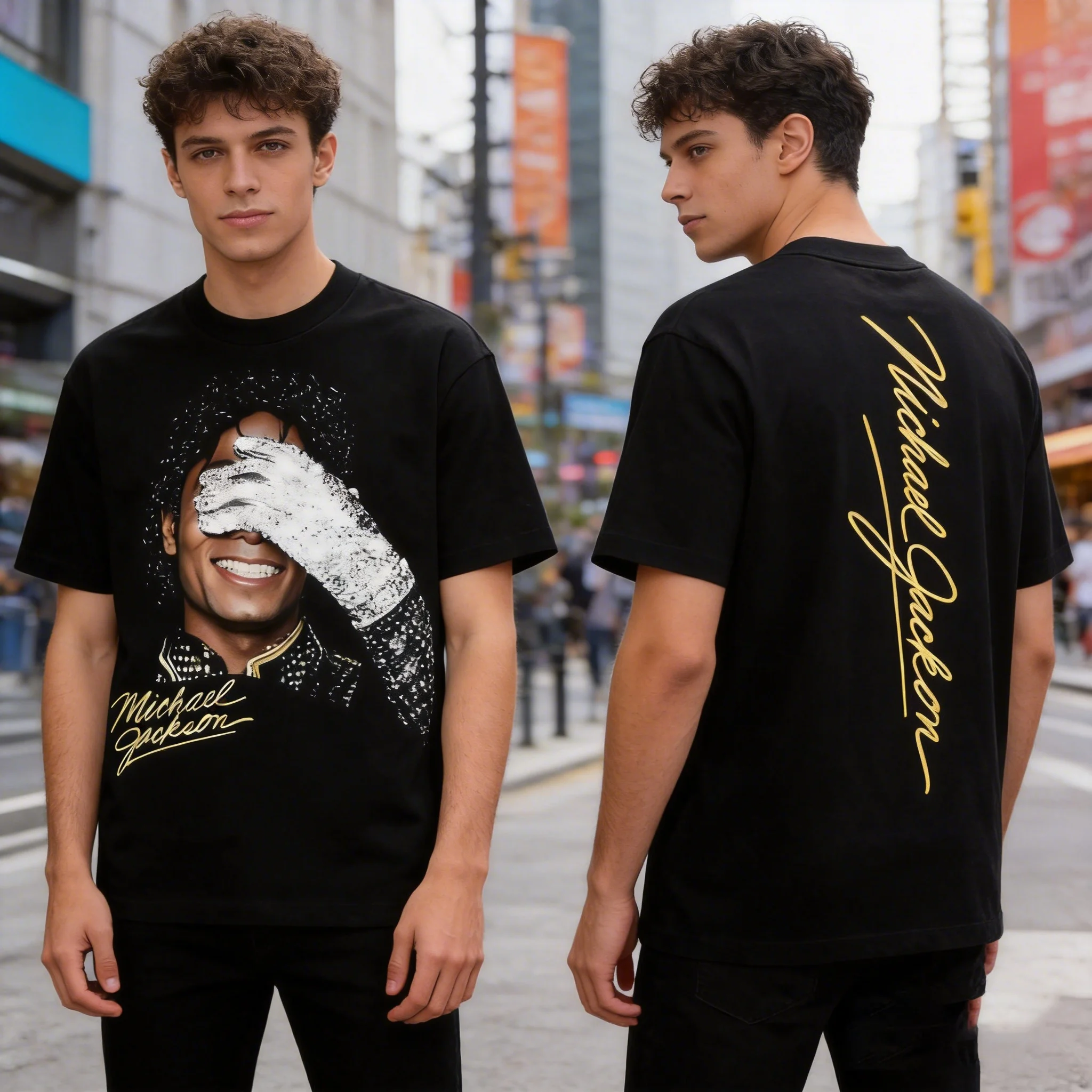 MJ Michael Jackson Portrait & Gold Signature T-Shirt Cotton Graphic Tee Men's Clothing Women's Summer Streetwear T Shirt