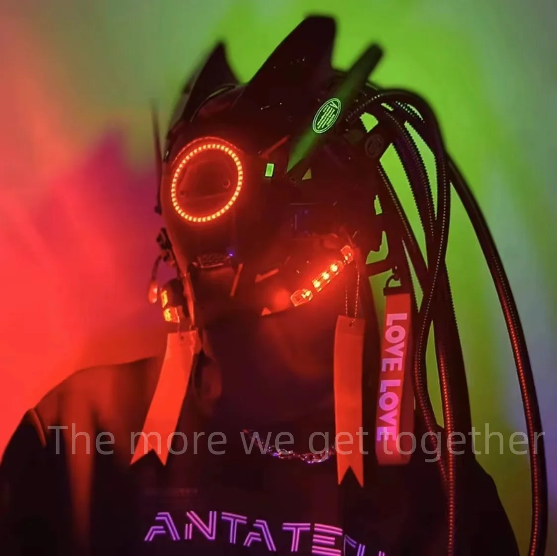 Cyberpunk Black Full Face Mask, Halloween Cosplay Costume, Futuristic Techwear Helmet, LED Light, Punk Knight