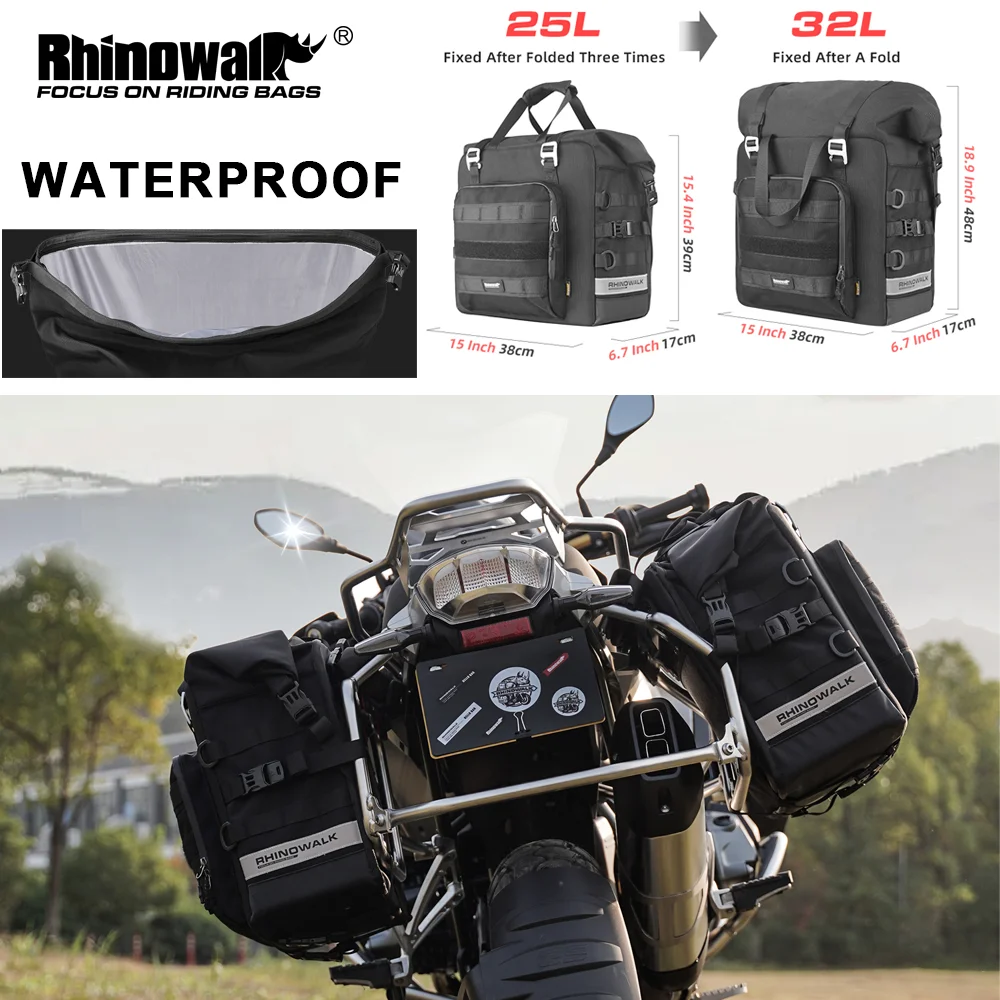 Bolsa de Sillín para Motocicleta Rhinowalk, Impermeable, Expandible de 25L-32L, Bolsa Lateral de Liberación Rápida, Bolsa de Almacenamiento para Motocicleta con Diseño de Cubo 3D, 1 Pieza
