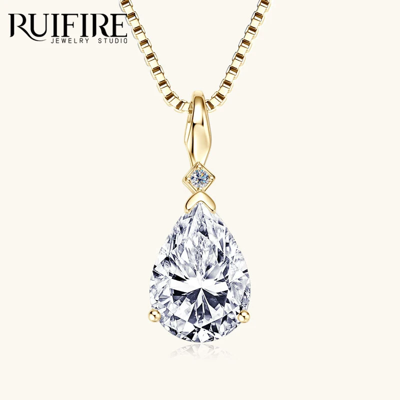 

RUIFIRE Pear Cut Moissanite Pendant Necklace 14K Gold Plated S925 Sterling Silver Teardrop Charm Chain Necklaces Women Wedding
