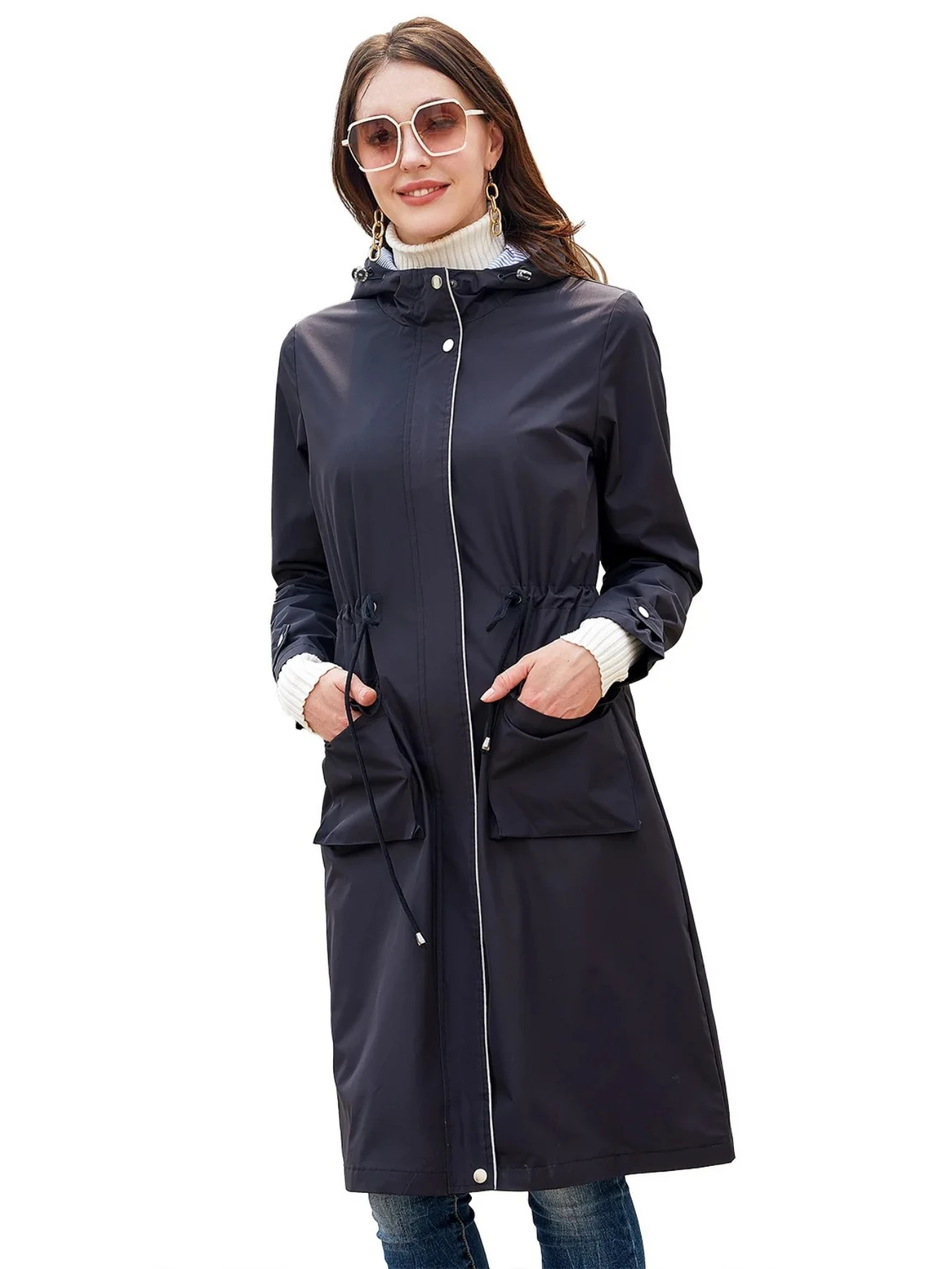 

spring and autumn new long windbreaker women Extended waterproof jacket drawcord outdoor raincoat Zip Hooded trench coat