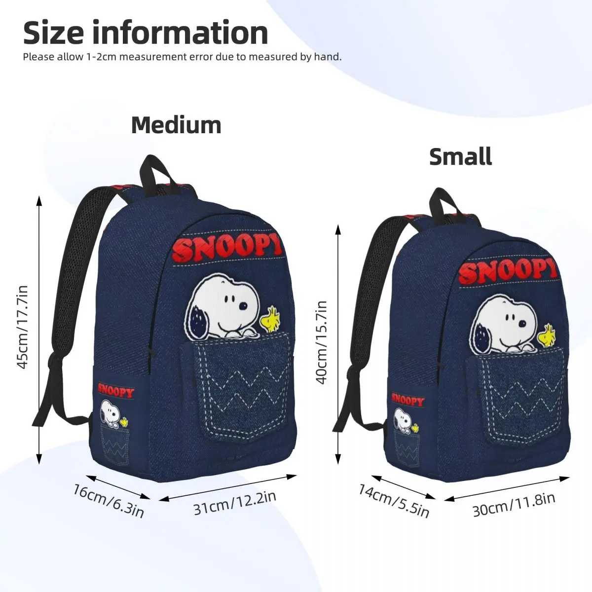 Cute Cartoon Snoopy Classical Backpack Durable Student Hiking Travel Denim Print Daypack for Men Women Laptop Canvas Bags