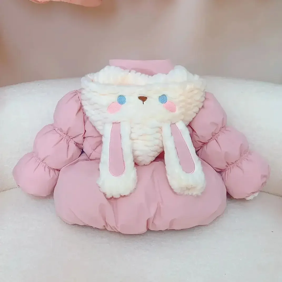 

2025 Girls Baby Winter Coats Cute Long Ears Hooded Fleece Inside Thick Warm Overcoats Fashion Kids Children Princess Clothes
