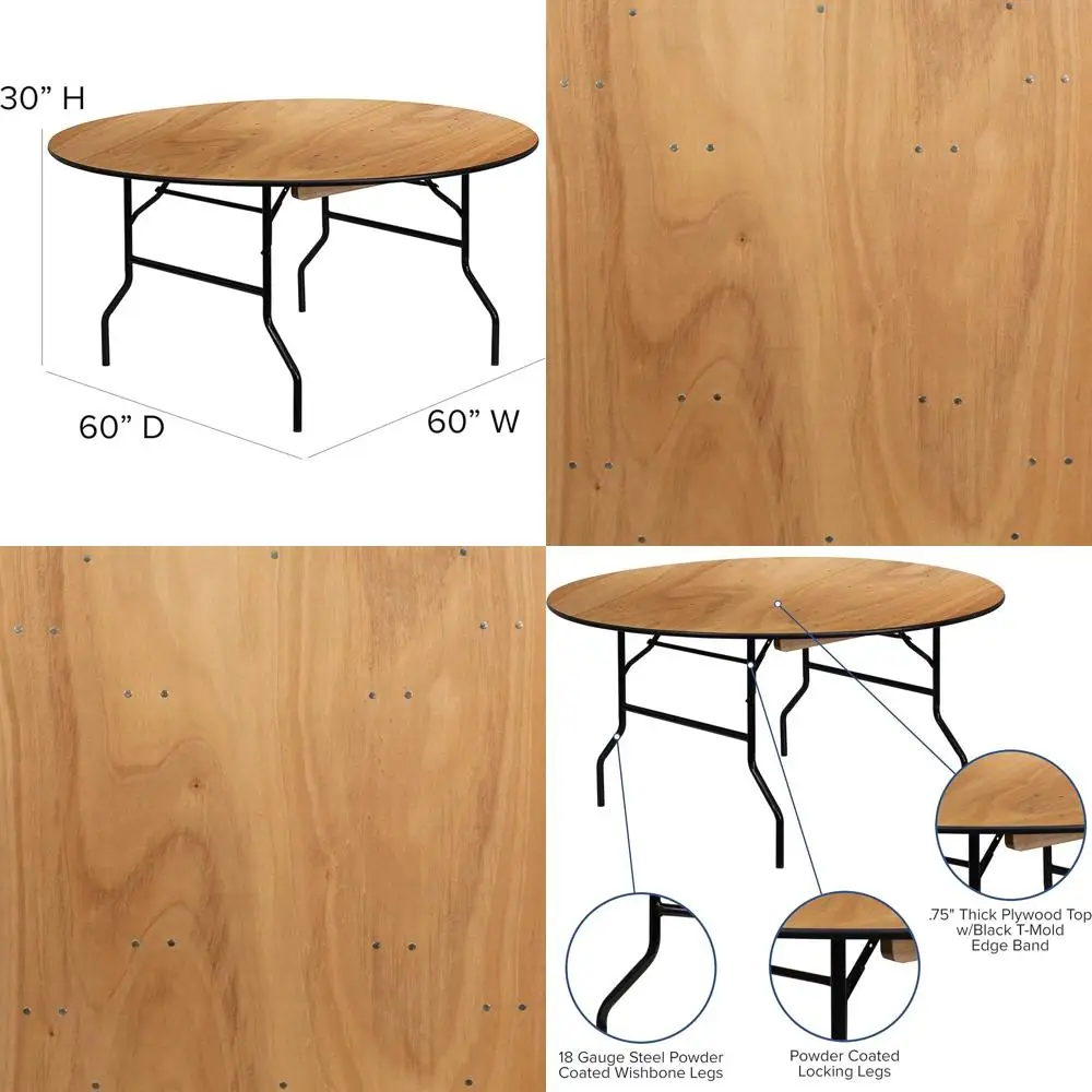 

5-Foot Round Wooden Outdoor Banquet Table, Portable with Natural/Black Finish