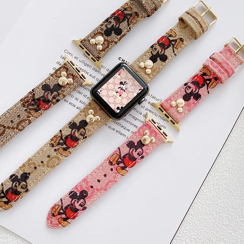 Disney Mickey Mouse Apple Watch Band for IWatch Strap 1 2 3 4 5 6 Anime Bracelet 38 40 42 44mm Luxury Canvas Replace Wristband