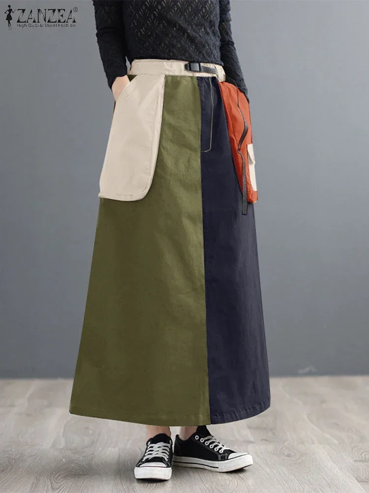 

ZANZEA Autumn Loose Casual Midi Skirts Elastic Waist Cargo Street Fashion Patchwork A-line Faldas Women Color Block Long Jupes