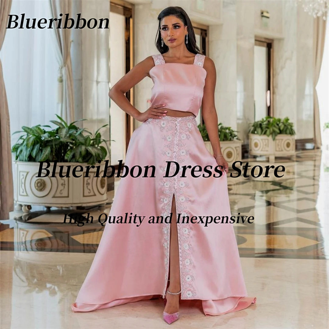 

Blueribbon Customized Two Pieces Dresses for Prom Party Applique Front Slit Long Satin A Line Formal Evening Gowns