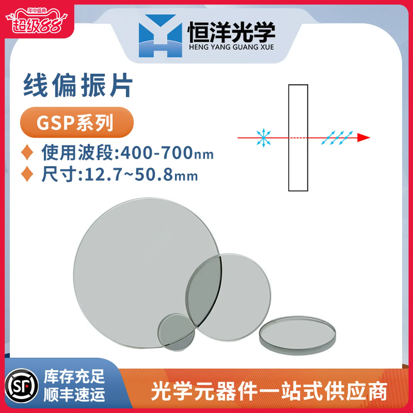 GSP linear polarizer constant ocean optical polarizer diameter 12.7/25.4/50.8mm wavelength 400~700nm extinction ratio 1000:1