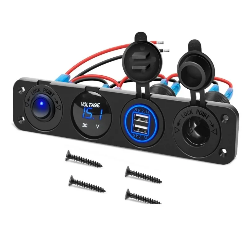 12V Car RV Ship Retrofit 4 in 1 On/Off Charger Socket Panel Dual USB Socket Power Socket