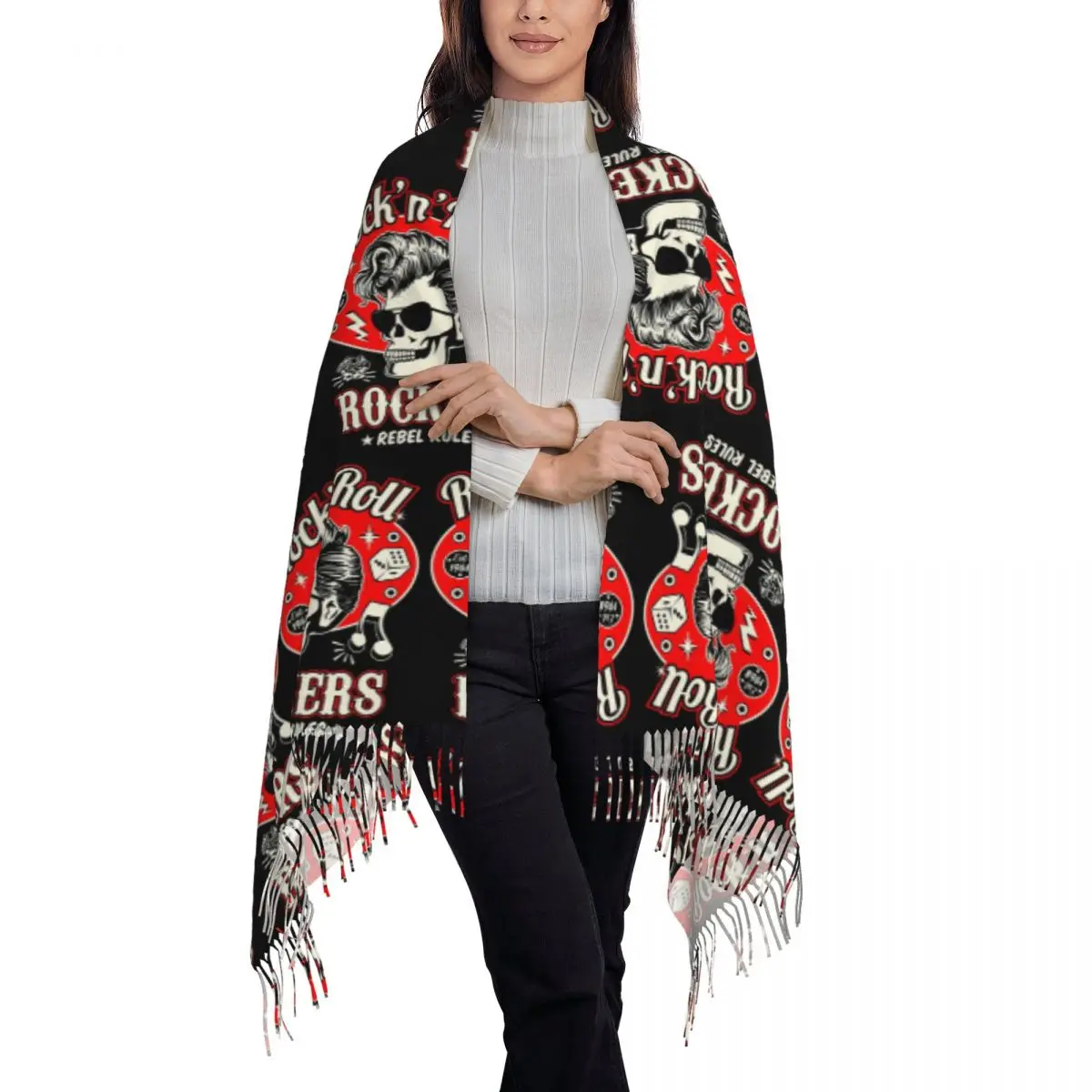 Rock Skull Rockabilly Scarf Tassel Scarves Women Soft Warm Shawls and Wraps Long Fall Winter Shawl Wrap