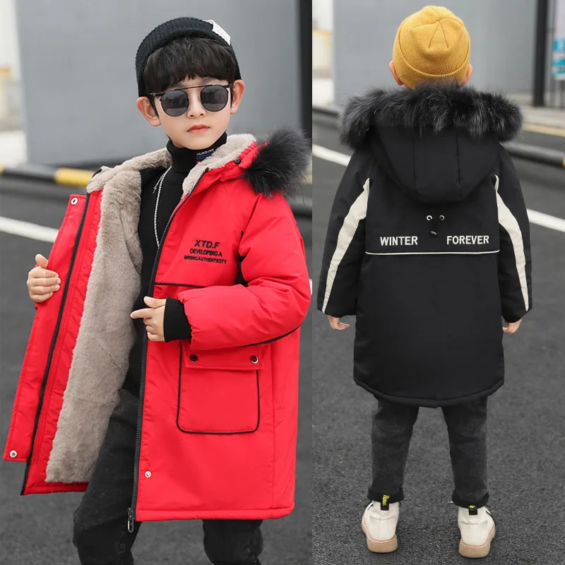 -30℃ 2024 Winter Boys Jacket Plush Thick Cold Prevention Solid Color Hooded Down Cotton Windbreaker Coat For 4-14 Years Old Kids