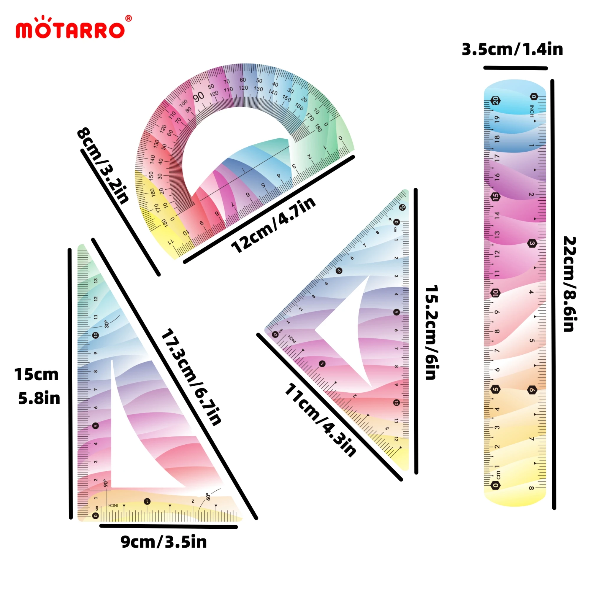 MOTARRO 4 Pcs Ruler Set Soft Plastic Colorful Rainbow Rulers Shatterproof Bendable Flexible Ruler for School & Office Supplies