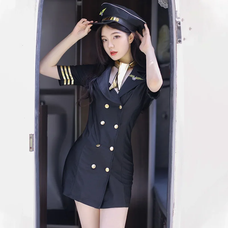 Polícia Cosplay Fantasias Para Mulheres, Interpretação Anime, Roupa de Halloween, Lingerie Sexy Aeromoça, Vestido, Traje De Comissários De Vôo