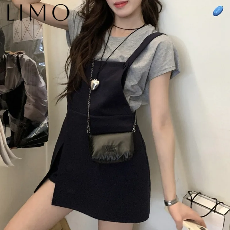

LIMO Women's Round Neck T-Shirt & Suspenders Skirt Set with Shorts-Minimalist Fashion Casual Outfit Pure Color Trendy Versatile
