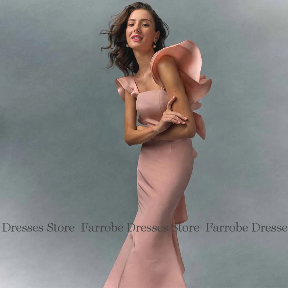 Moderne vrouw ceremoniejurken crêpe stof zeemeermin/trompet formele avondjurk roze vierkante hals ruches strik galajurk lang