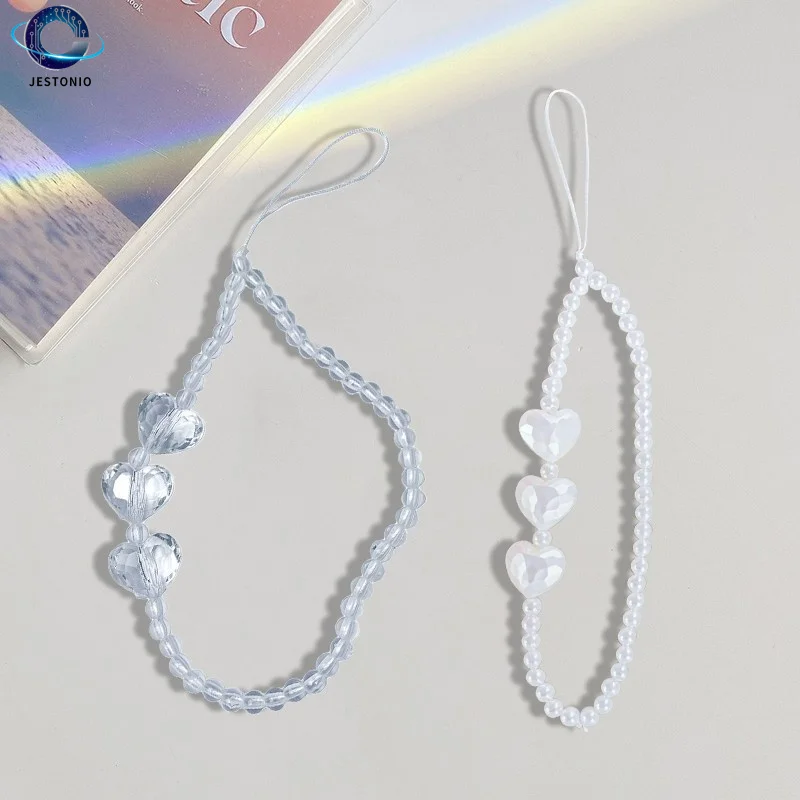 Cool Loving Heart Mobile Phone Chains For Charm Girls Black Acrylic Pearl Beaded Lanyard Fashion Jewelry Gifts Telephone