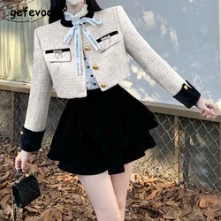 Vrouwen tweedelige outfits 2024 lente herfst vintage mode elegante luxe jas tweed chique slanke jas sexy hoge taille minirok