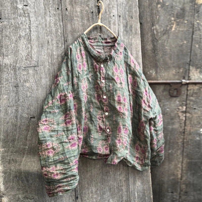 Ramie manches longues imprimé fleuri ramie mince chemises et haut femmes 2025 été automne nouveau Style Vintage lâche Cardigan Blouses