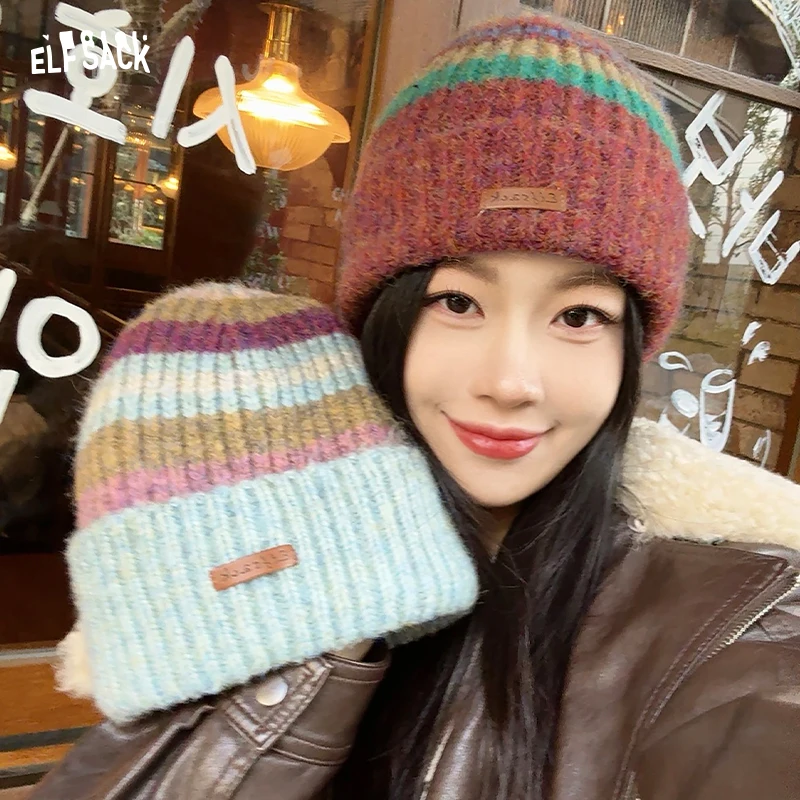 ELFSACK Casual Cute Rainbow Striped Warm Knit Beanie For Women