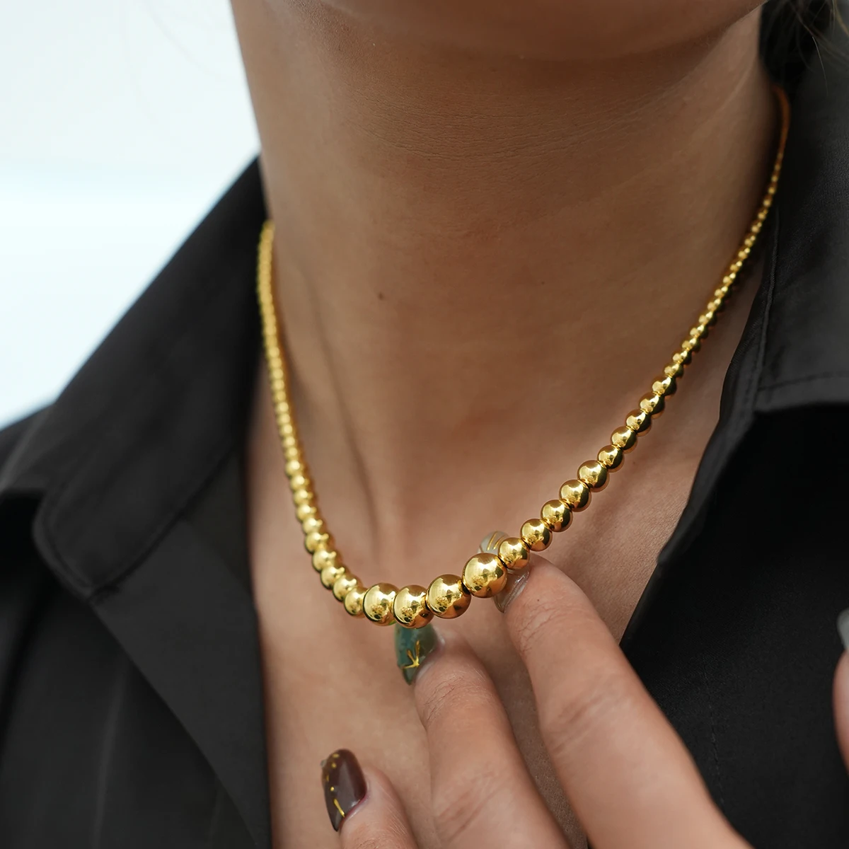 

Stainless Steel Beads Handmade Fashion Chain Necklace 18K PVD Plated Rust Proof Textured Unisex Jewelry Men Women