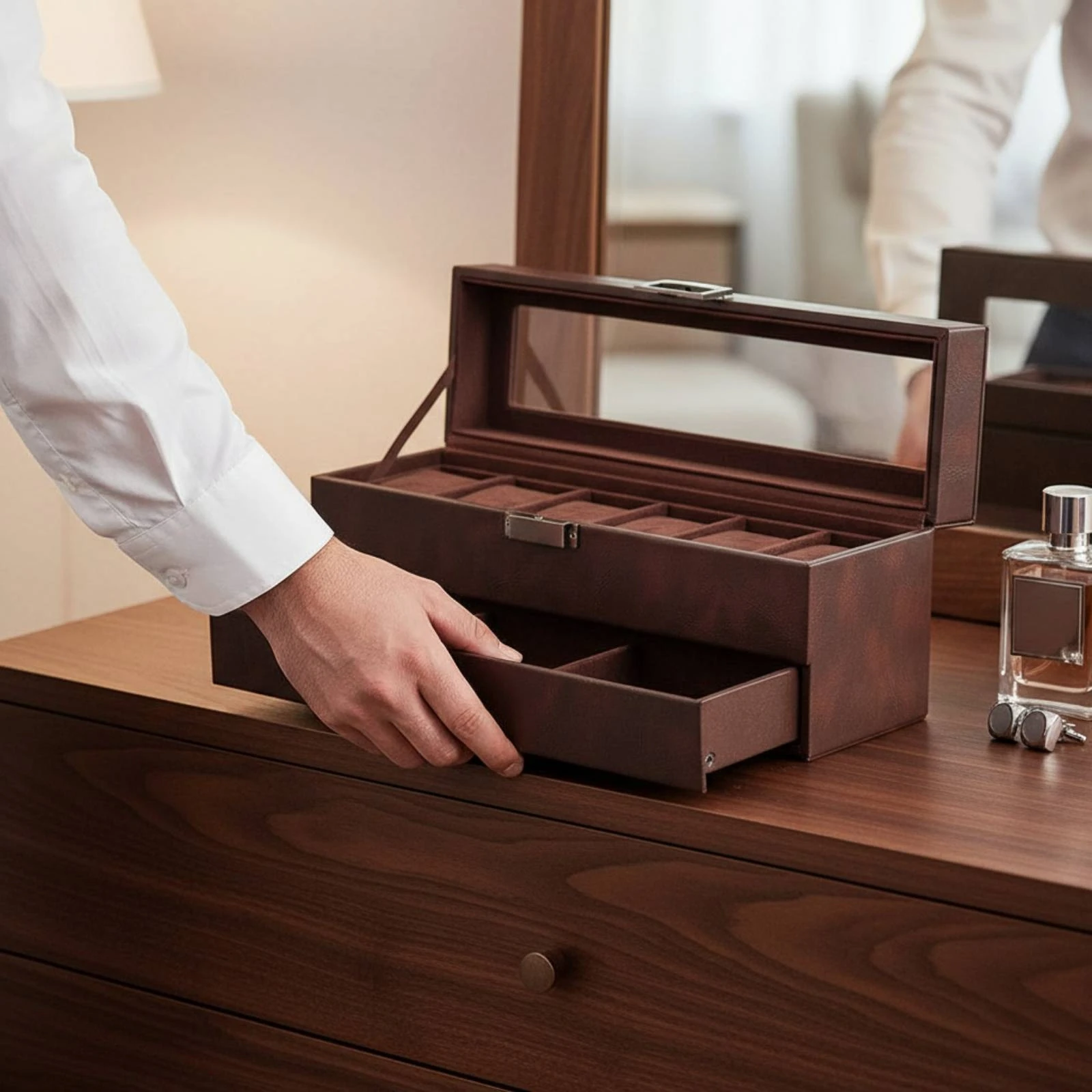 

Two-Tier Watch Box Clear Lid 2 Tier Watch Organizer Storage Furniture PU Leather Velvet Velvet Interior