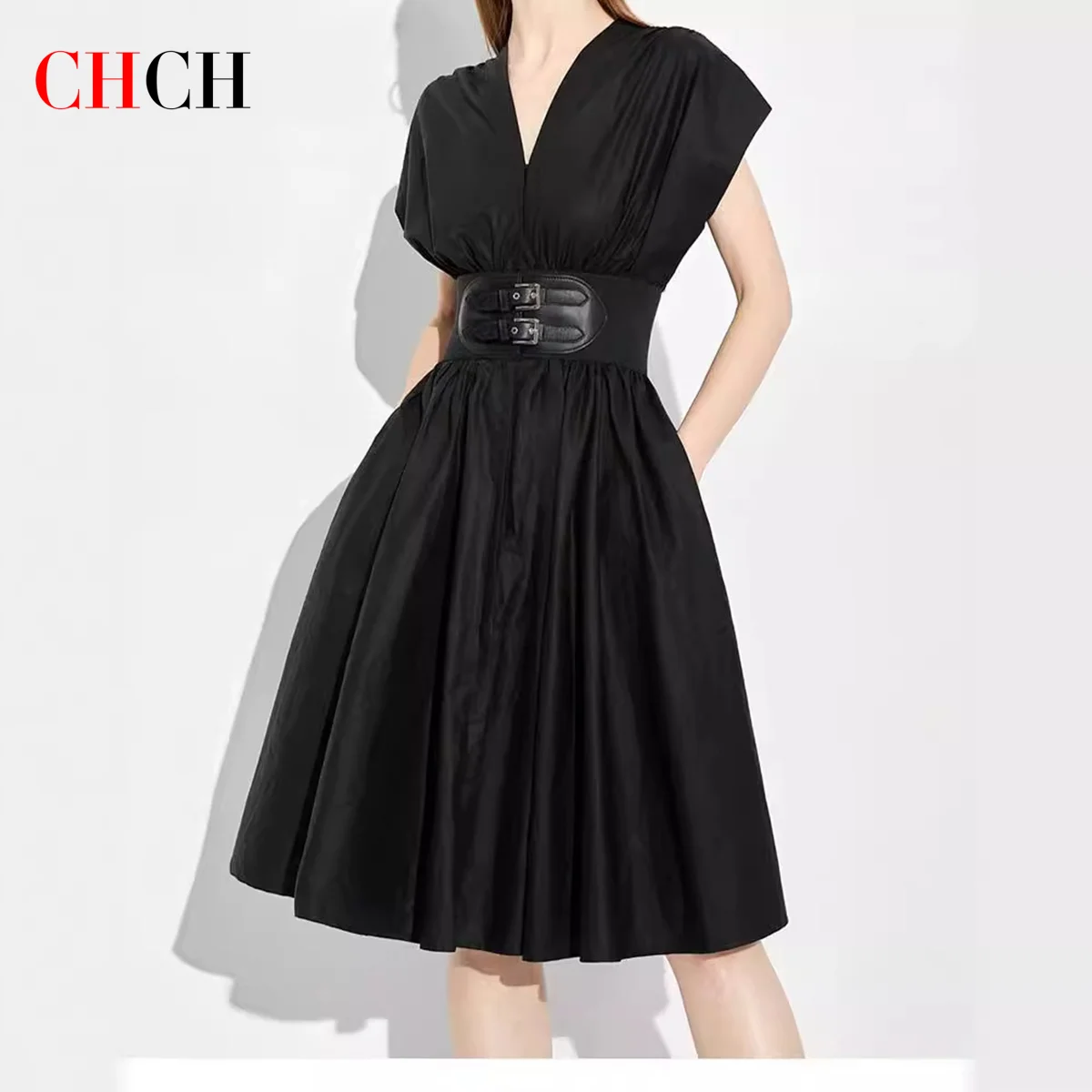 CHCH Women\'s Long Dress 2024 Summer New V-neck Sleeveless High Waist Slim Black Business Party Women\'s Wear