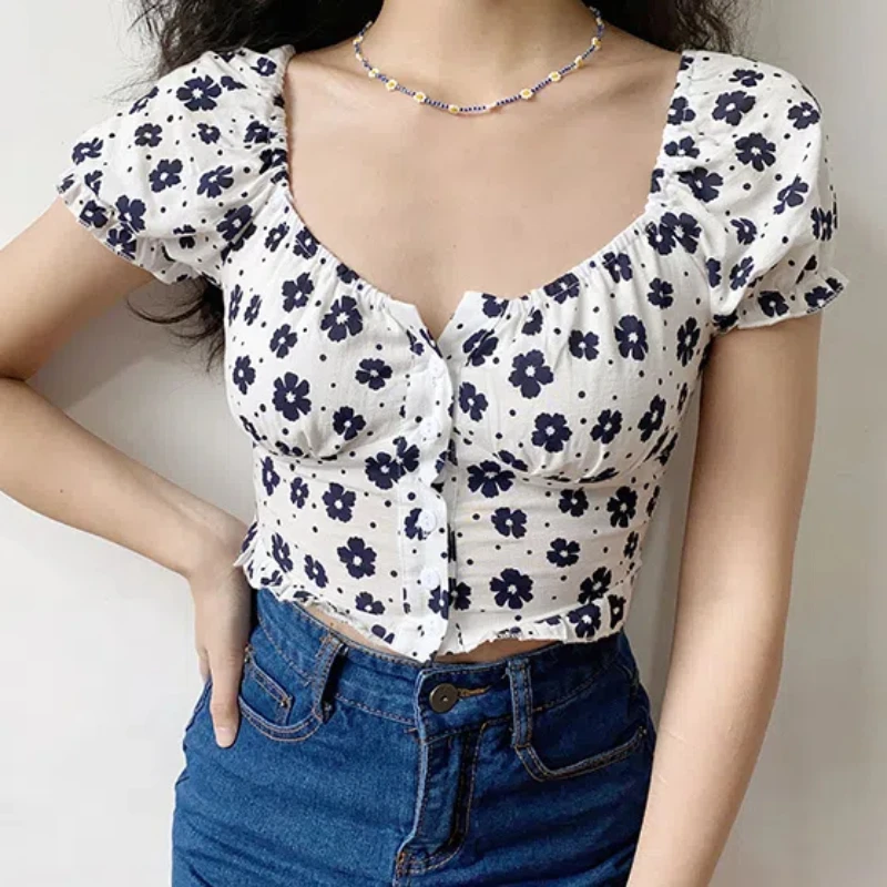 2024 Summer New Large Fashion One Shoulder Short Bubble Sleeves Fragmented Short Sleeves Slim Fit Top for Women