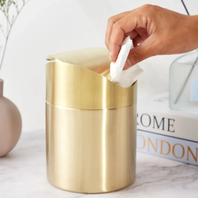 Silver/Golden 304Stainless Steel Garbage Bin Desktop Car-mounted Mini Trash Can Light Luxury Minimalist Office Rolling Cover Bin