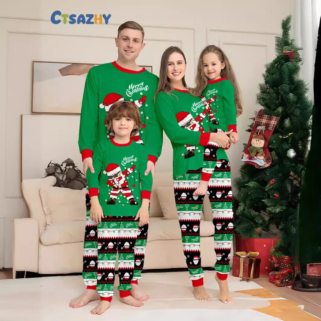 2024 new Europe and the United States ebay new Santa Claus green printed family long sleeve pajamas set home suit 2 sets