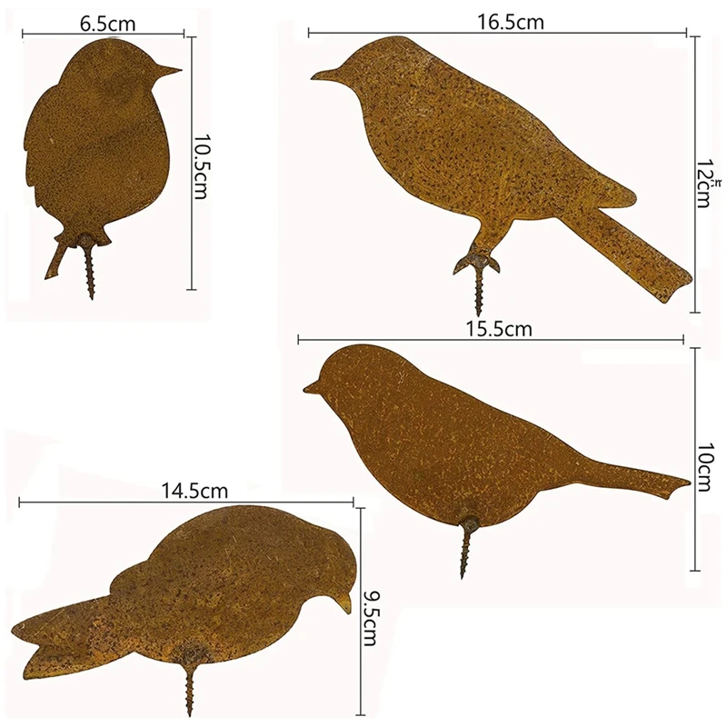 Patina Birds With Screw For Screwing In Wood, 4 Rusty Birds, Metal Rust Garden Decoration Birds Figure, Rust Decoration