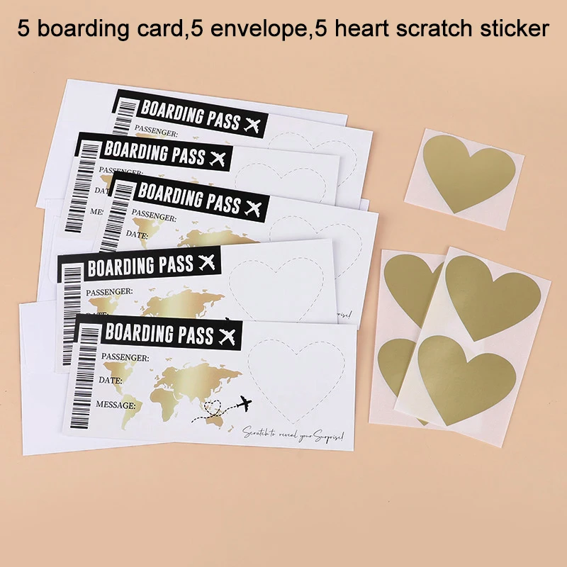 5Sheets Boarding Pass Scratch Off Game Card with Envelope DIY Surprise Gift for Wedding Birthday Party Christmas Travel Tickets view 4