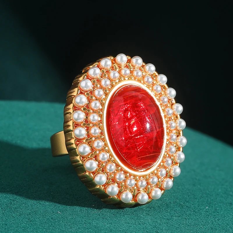 

Vintage Red Glass Oval Pearl Engagement Rings For Woman Large Gold Color Natural Stone Wedding Luxury Quality Jewelry Brand