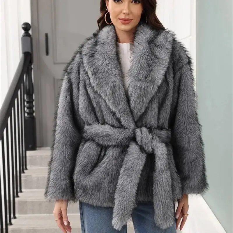 

Модное пальто из искусственного меха, женское зимнее пальто с поясом, пушистая плюшевая верхняя одежда с отложным воротником, утепленное свободное повседневное пальто большого размера