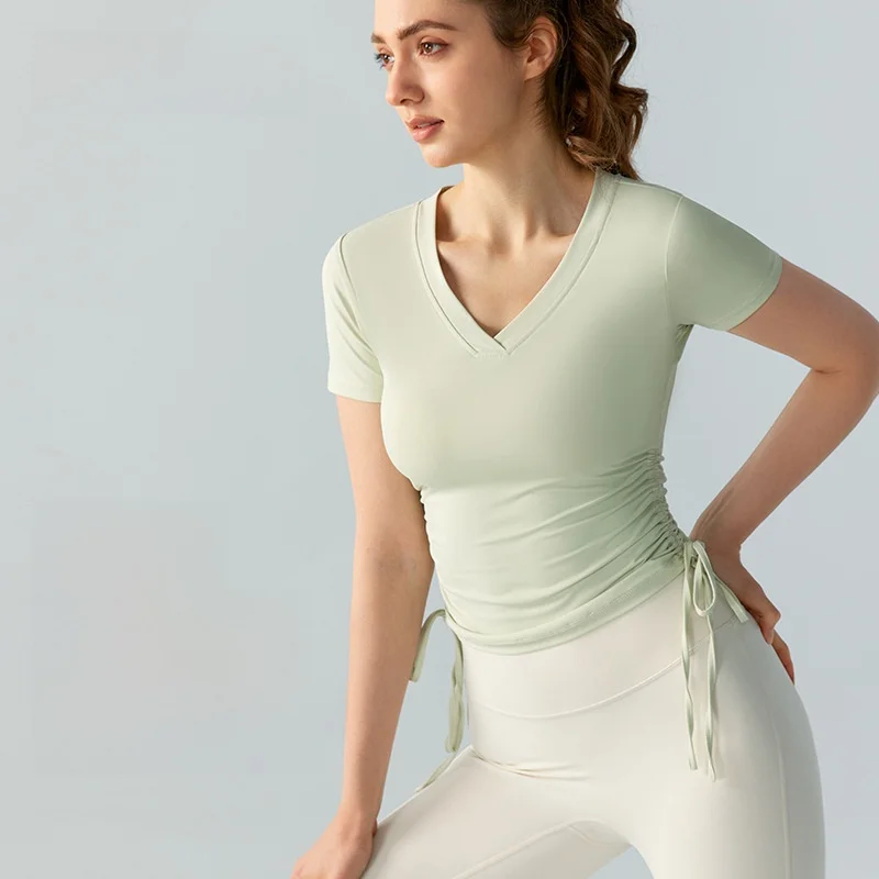 

Ningbo Dashu женская облегающая футболка для йоги весна-лето повседневный удобный спортивный топ со складками на талии и короткими рукавами