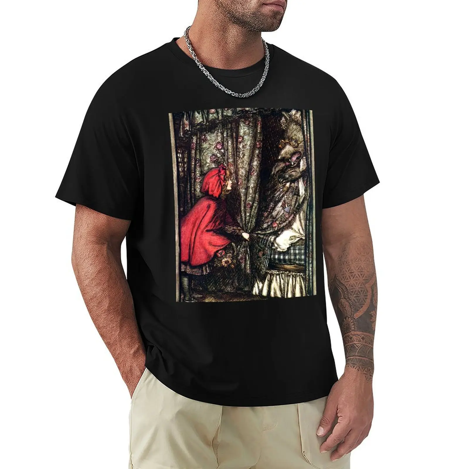 Red Riding Hood and the Wolf - Brothers Grimm - Arthur Rackham T-Shirt vintage clothes Short sleeve tee mens clothing