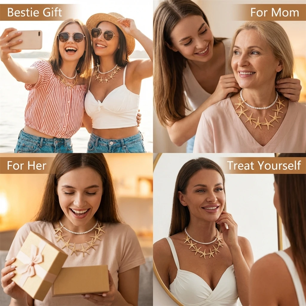 Übertriebene Seestern-Kettenkette für Damen, Bohemian-Stil, Imitationsperlen, Doppellagiger Choker, Trendiger Schmuck für Strandpartys und Urlaub – Detail 2