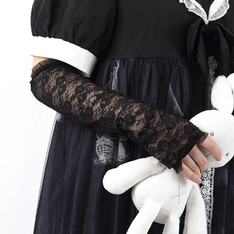 Guantes largos de encaje gótico Lolita Anime, guantes finos sólidos JK para niñas, manoplas de manga larga para mujer, guante sin dedos