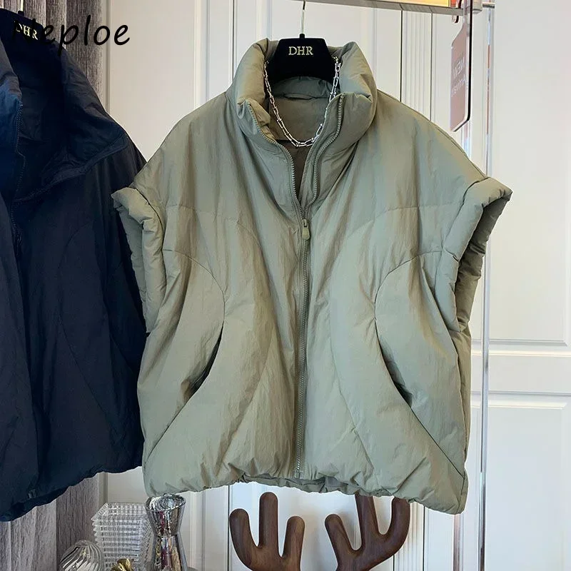 Neploe Stand Hals Effen Kleur Mouwloze Parka's 2023 Koreaanse Herfst Chic Losse Casual Katoenen Rits Ontwerp Gevoel Vest Jas