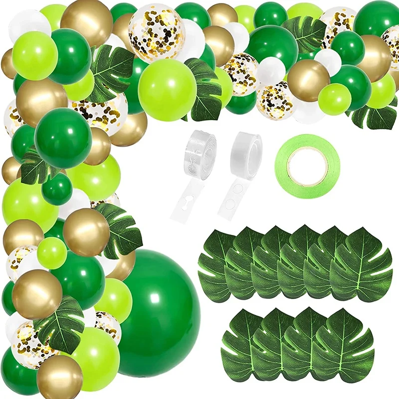 134Pcs Jungle Party Balloon Arch Green Balloon Decoration with Artificial Tropical Palm Leaves for Birthday Party