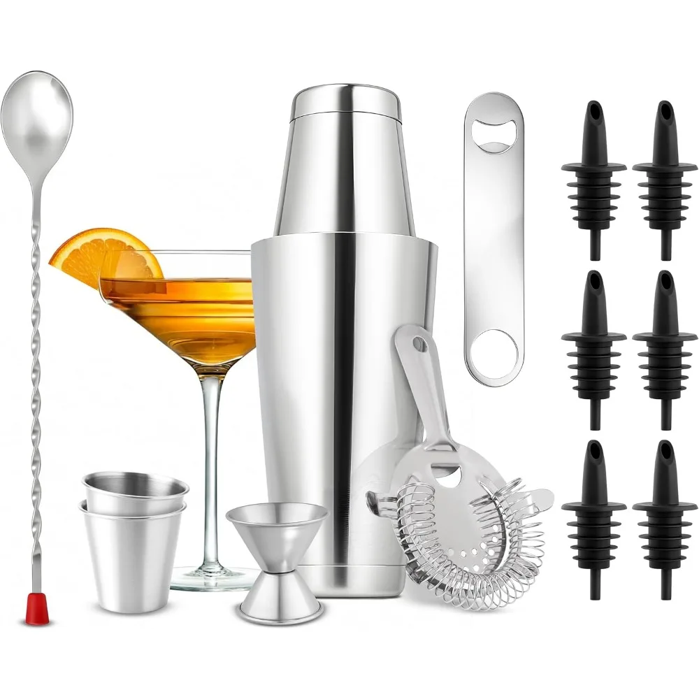 

15-Piece Stainless Steel Cocktail Shaker Set with Bar Tools and Recipe Book - Essential for Home Bartending