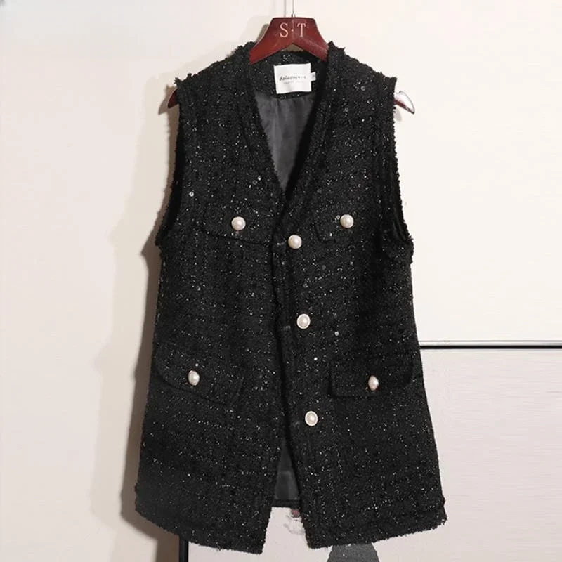 

2024 Women's Spring Autumn New Loose Casual Waistcoat Female Sequined Tweed Vest Coats Ladies V-neck Sleeveless Jackets A493