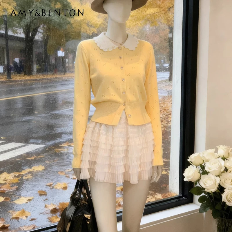 

Original Design Doll Collar Long-sleeved Knitted Women's Cardigan 2026 Spring New Milk Yellow Age-reducing Sweater Coat Ladies
